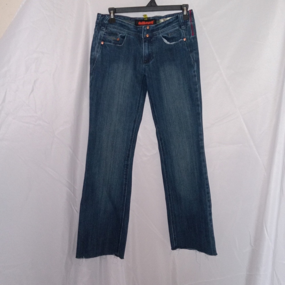 Dollhouse Boot Cut Blue Jeans Punk Metal Bar Hook And Eye Closure Raw Hem 5/6